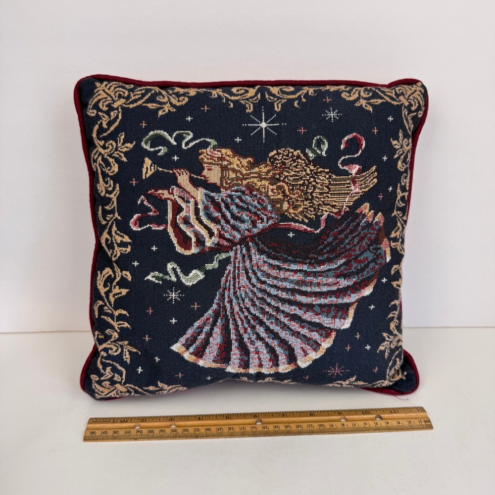 Vtg Woven Tapestry Throw Pillow Winged Angel Playing Trumpet Red‎ Back Christmas